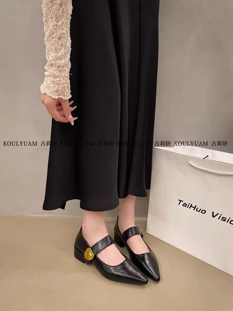 003粗跟魔术贴浅口669-19单鞋女秋季新尖头洋气百搭玛丽珍小皮鞋