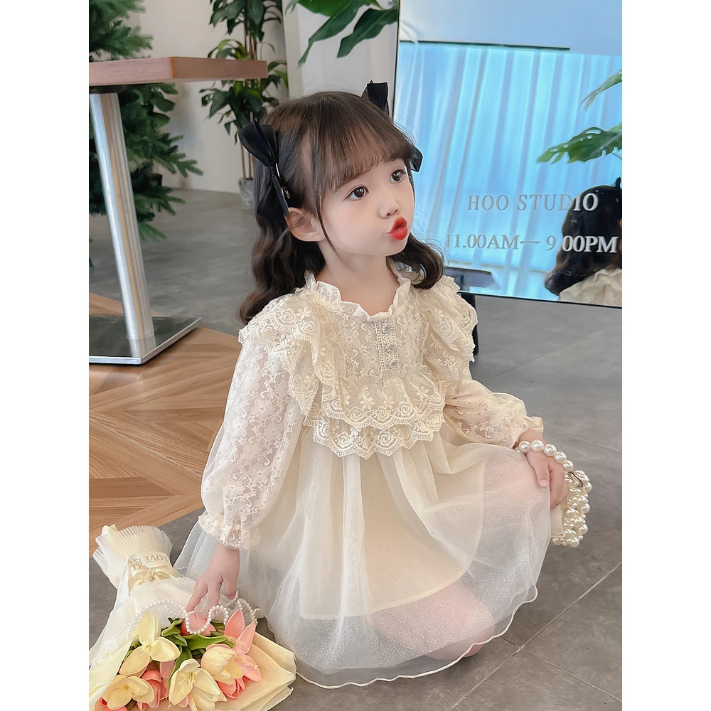 中小童女童2024年春秋款新款时尚蕾丝公主裙简约时尚款