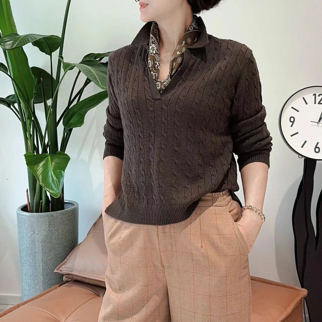 18047羊毛衫Polo领翻领长袖麻花扣短款羊毛上衣针织【云小院甄选】