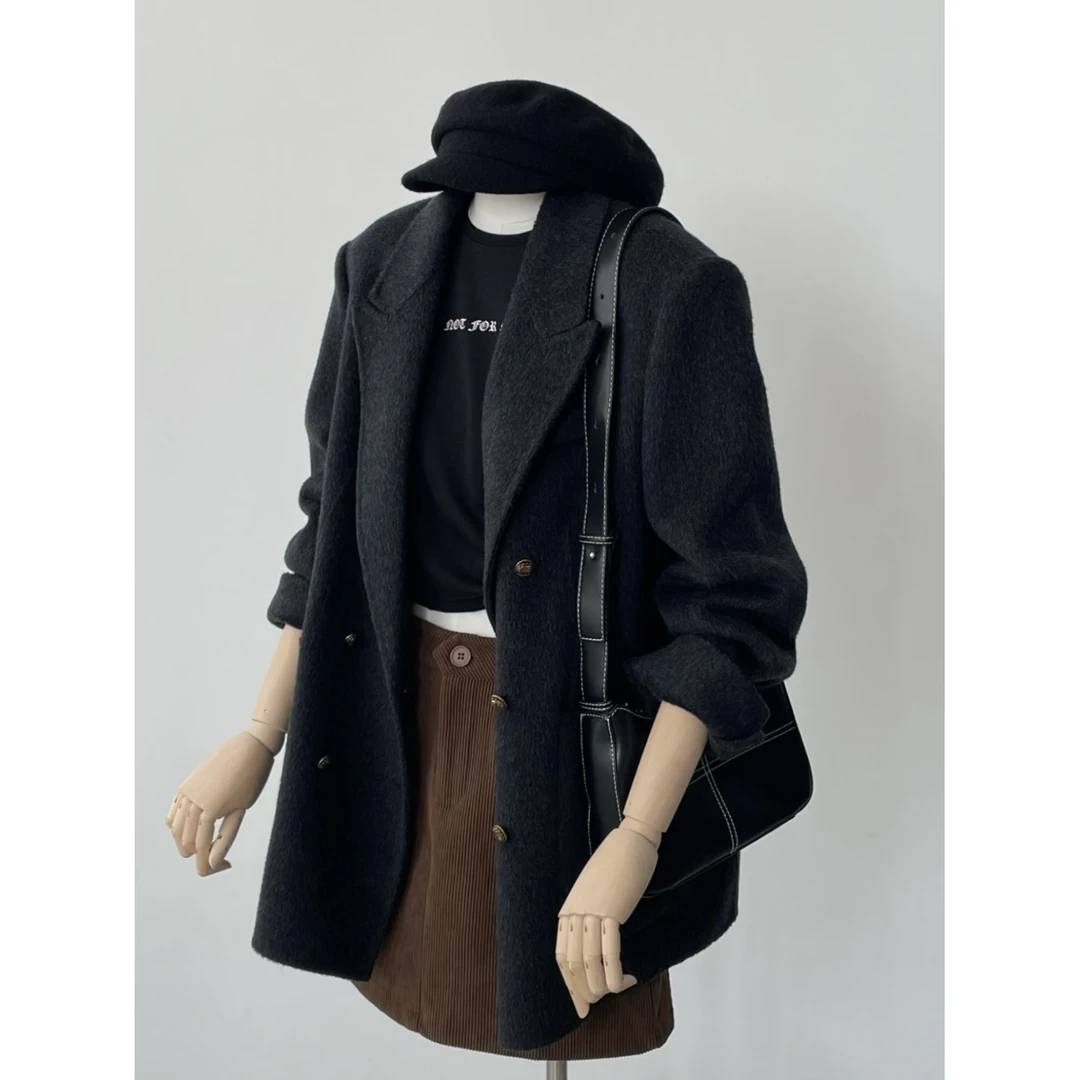 黑色呢子大衣女2024秋冬季新款小个子高级感韩系短款西装毛呢外套