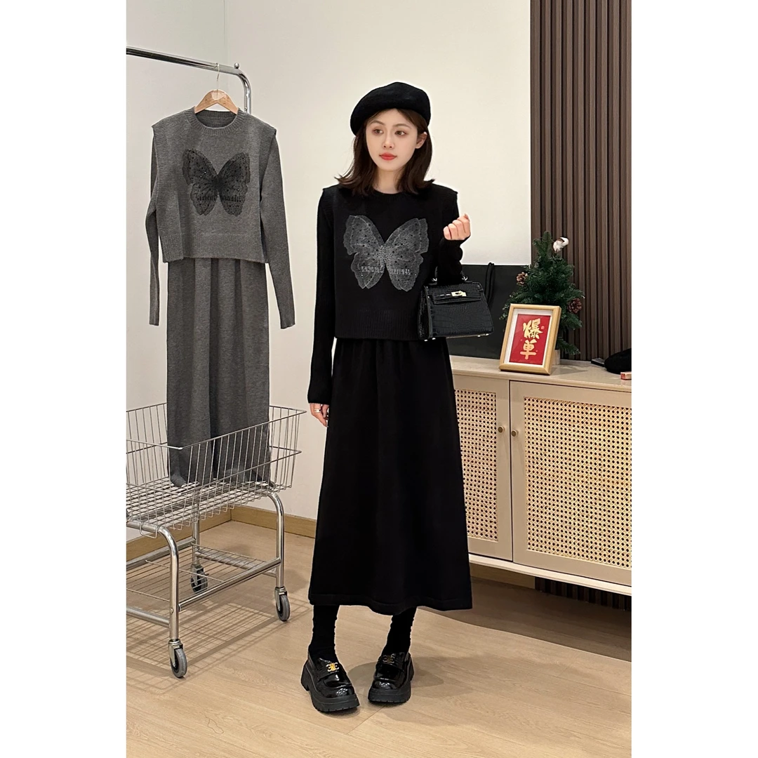 冬季韩版宽松显瘦洋气马甲气质连衣裙休闲两件套通勤套装