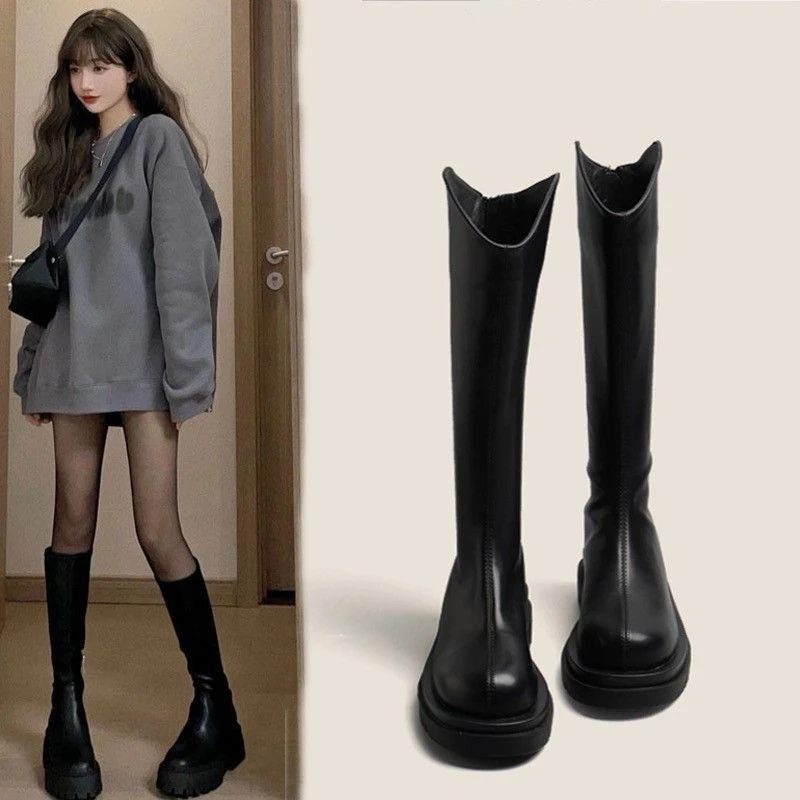 长筒靴女春秋新款韩版百搭高筒靴后拉链靴不过膝中筒靴子