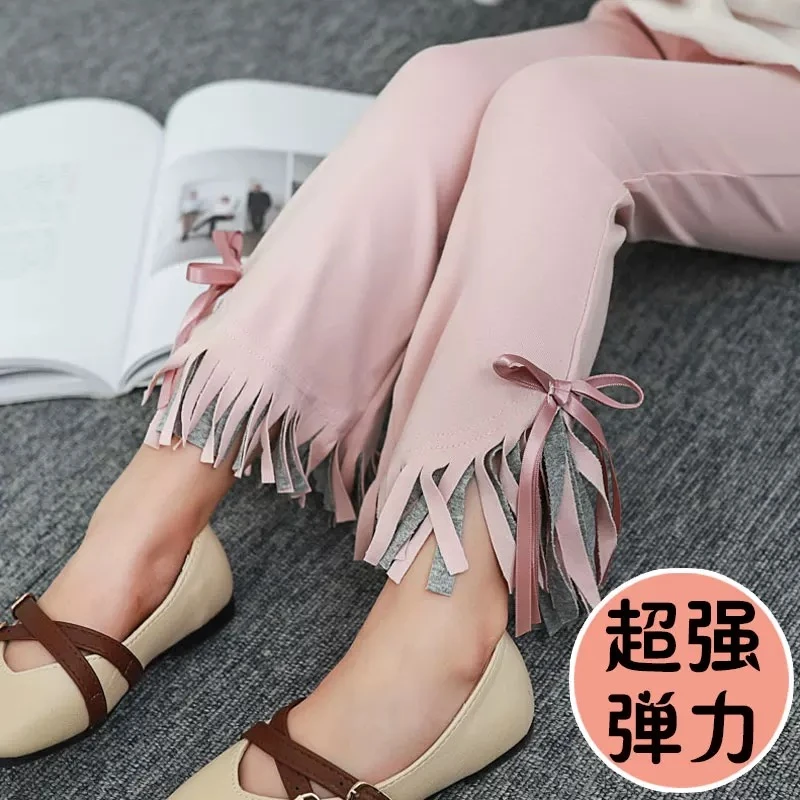 2024春秋女童微喇叭裤洋气时髦高弹力流苏九分打底裤子