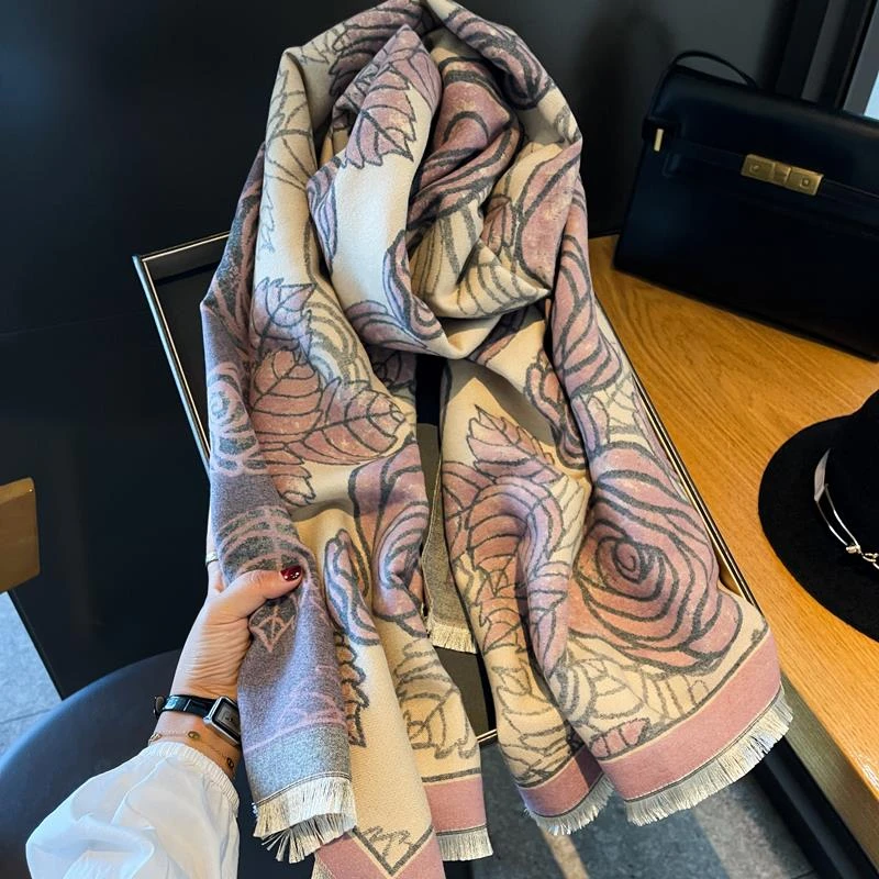 Miss Silas秋冬季显白优雅玫瑰花加厚羊绒围巾保暖披肩外搭围脖女