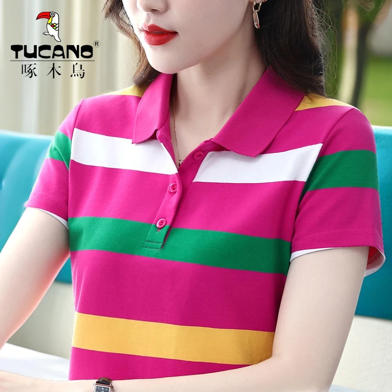 啄木鸟正品条纹短袖t恤女2024夏新款polo衫大码中年妈妈翻领上衣
