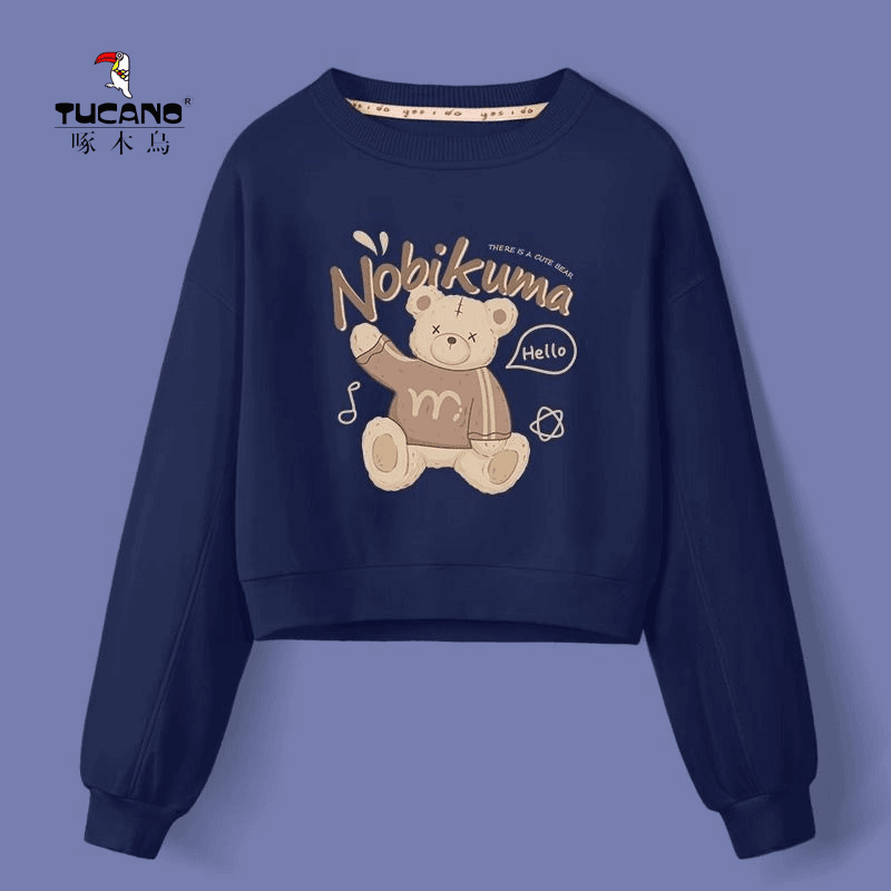 啄木鸟秋冬加绒加厚卫衣女短款慵懒风卡通印花宽松圆领套头上衣潮