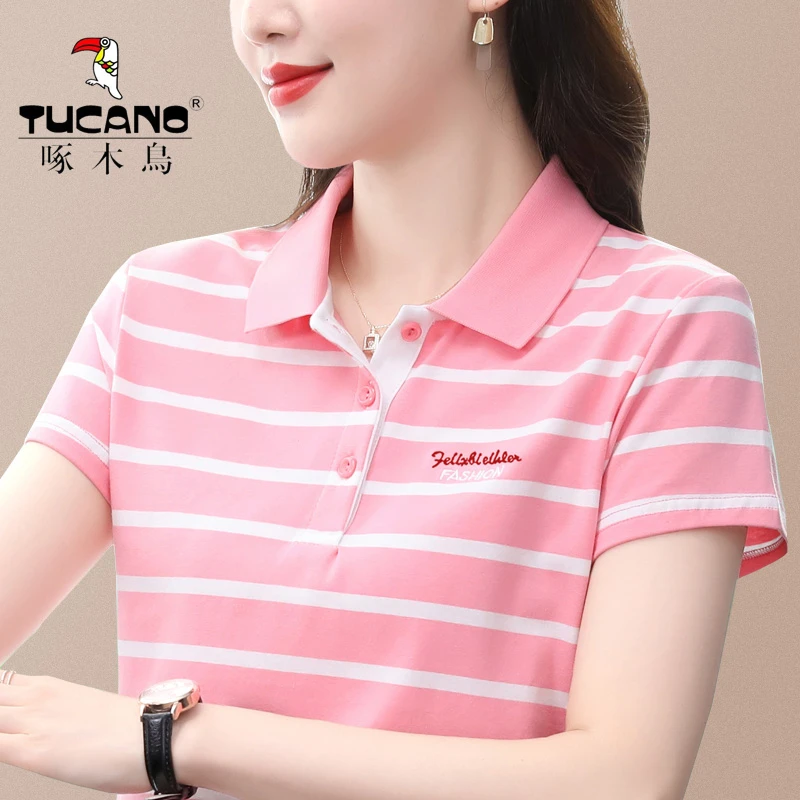 啄木鸟正品条纹短袖t恤女士翻领夏季中年妈妈洋气上衣带领polo衫