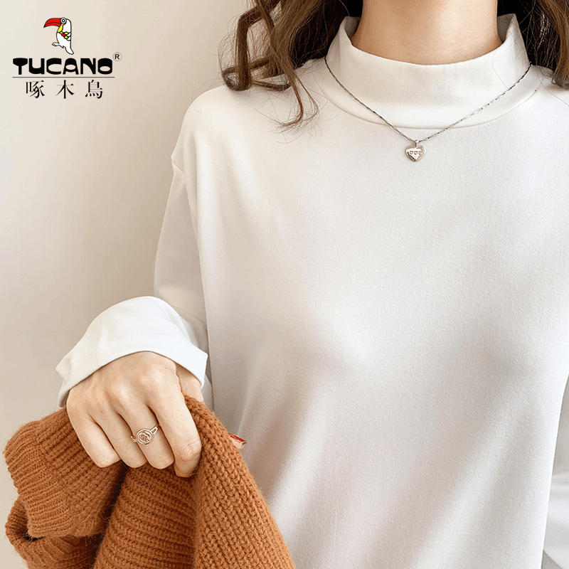 啄木鸟半高领徳绒打底衫女秋冬纯色内搭早春洋气新款中领保暖上衣