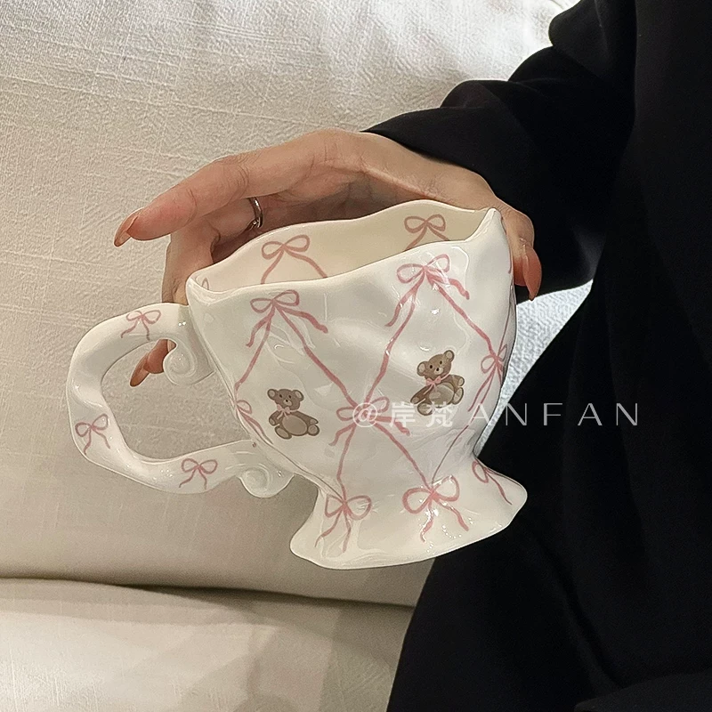 创意马克杯卡通大容量家用茶杯手绘插画丝蝶泰迪熊杯子可爱伴手礼