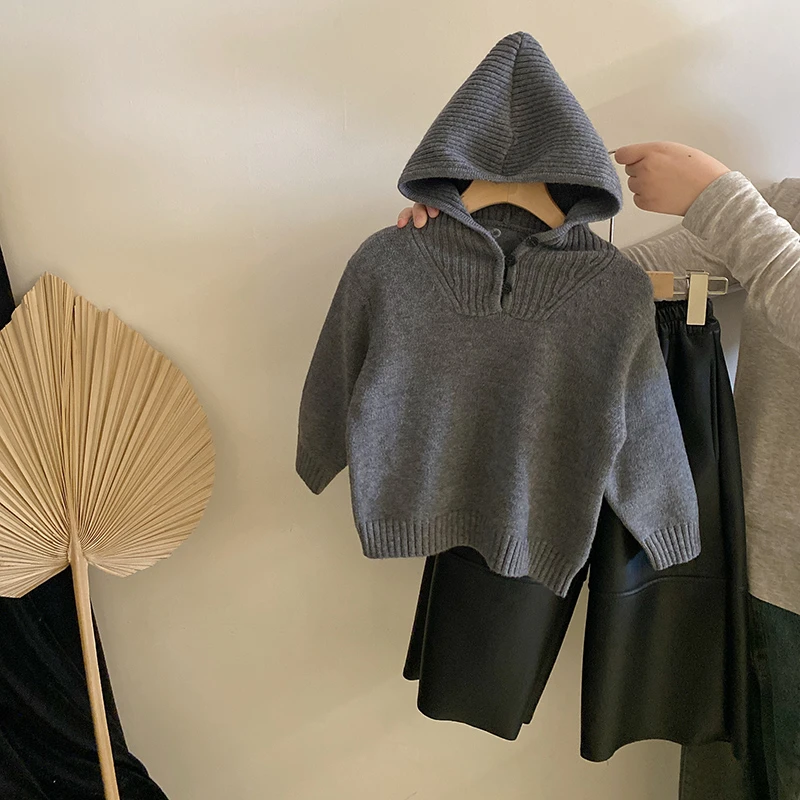 R24531休闲秋冬套装2024韩版新款慵懒连帽针织毛衣加绒保暖皮裤潮