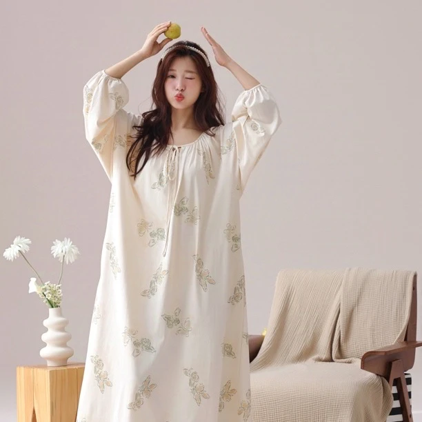 春秋季长袖睡裙女长款甜美公主风可爱宫廷风睡衣家居服宽松纯棉