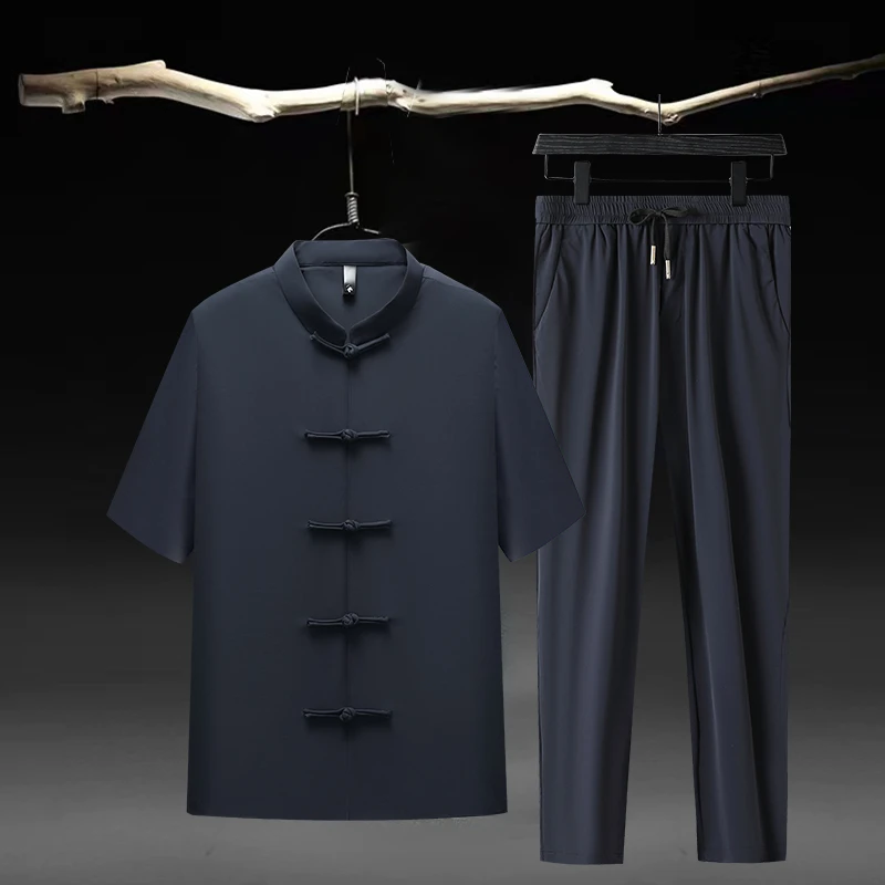 【冰丝开衫套装】爸爸装中国风立领短袖中年男士父亲节高弹唐装上衣