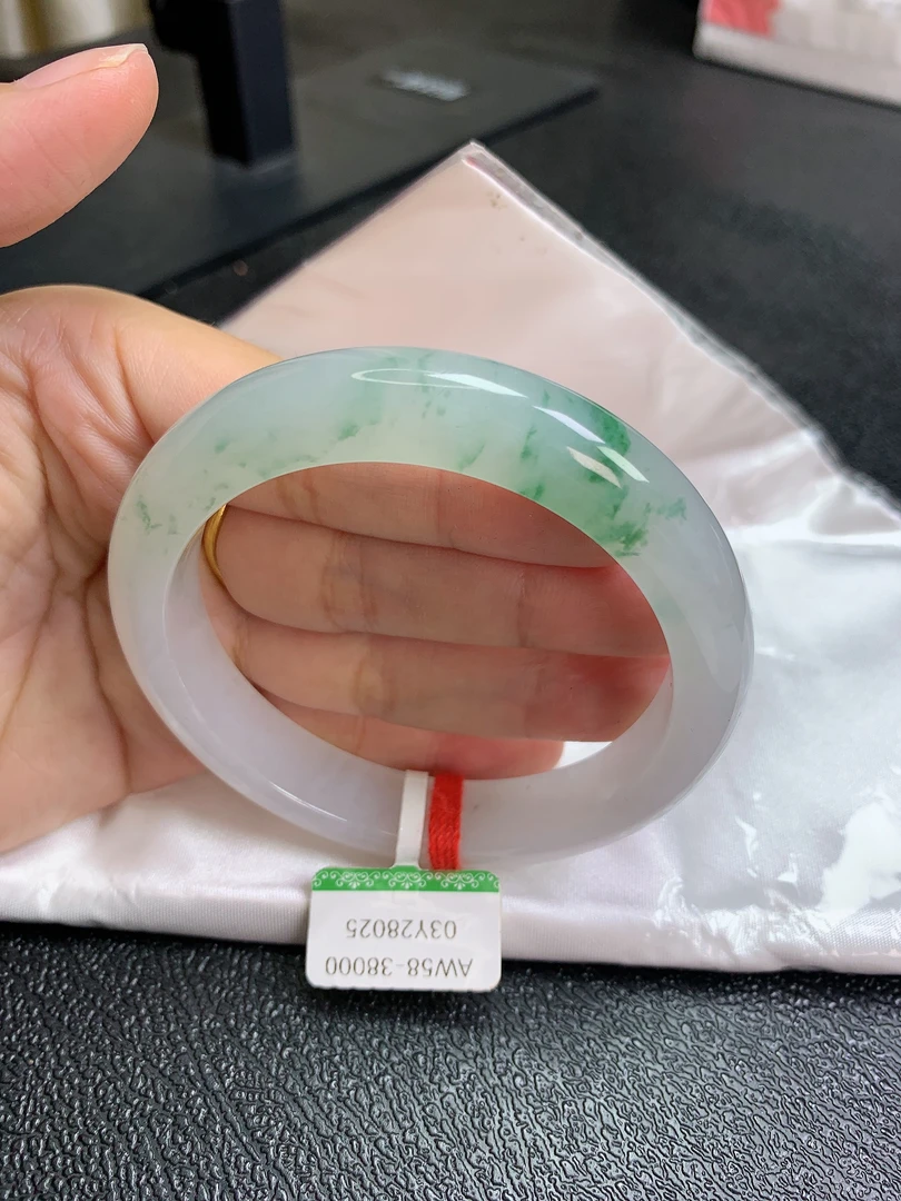 58圈缅甸天然A货翡翠老坑冰种起胶飘花手镯