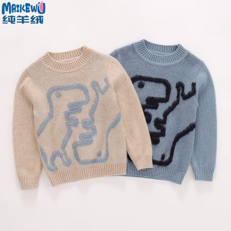 康赛妮儿童100%纯山羊绒衫男童加厚毛衣宝宝秋冬圆领卡通手工针织