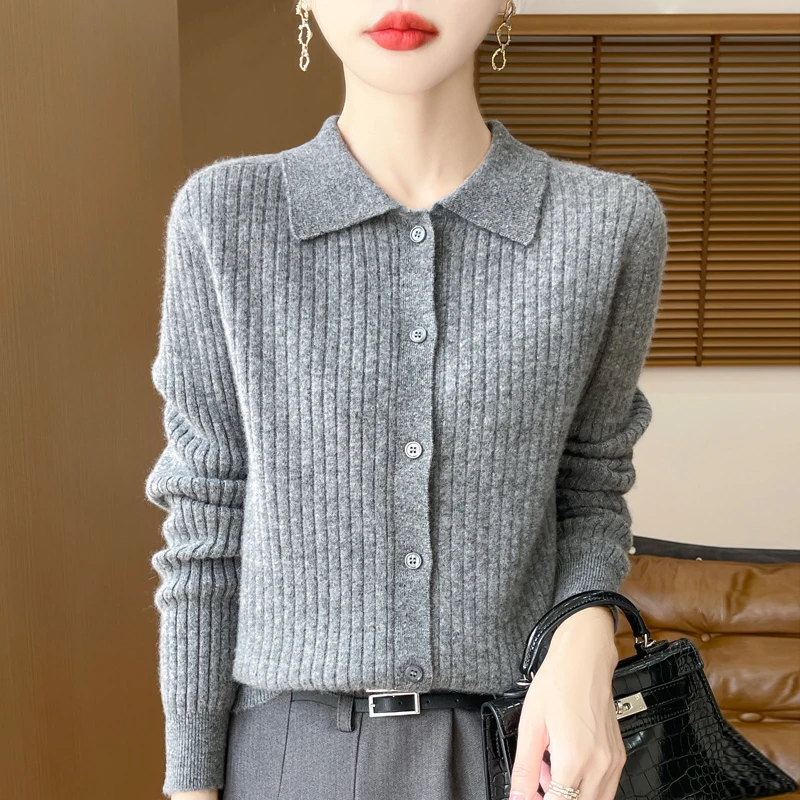 主播同款上衣【100纯羊毛】抽条款翻领羊毛开衫