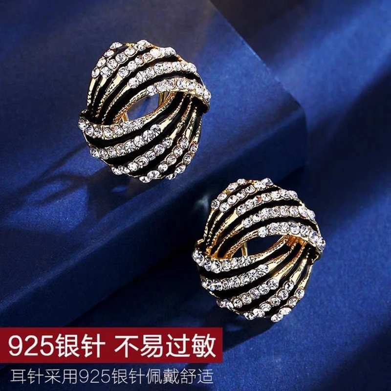 锌合金玻璃耳饰 时尚轻奢黑色耳环个性满钻耳钉气质韩国百搭饰品
