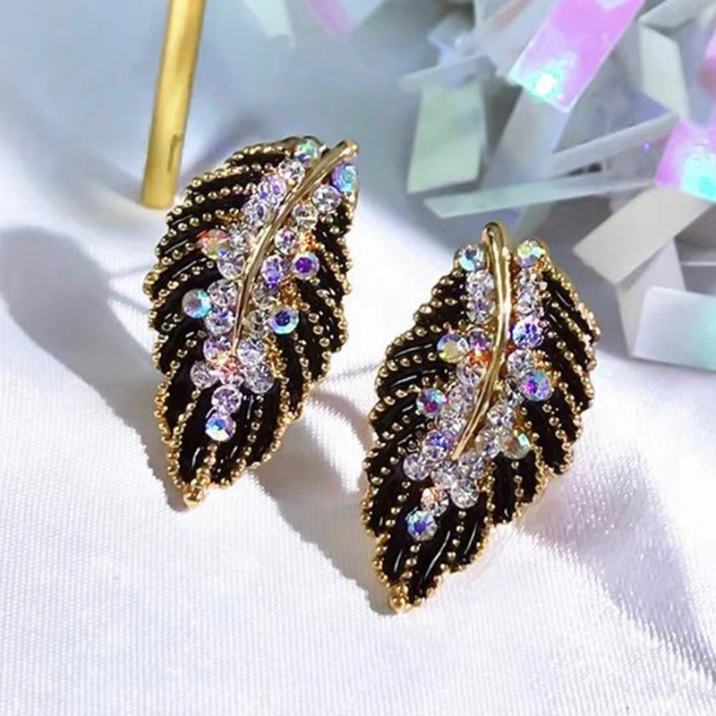 锌合金玻璃耳饰 日韩黑色树叶复古耳环耳扣轻奢耳饰气质个性耳钉