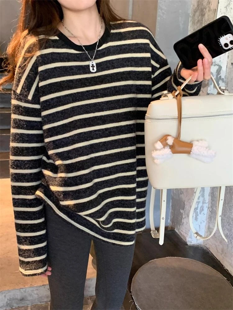 磨毛加厚长袖黑白条纹T恤女慵懒风冬季复古休闲打底衫宽松上衣潮