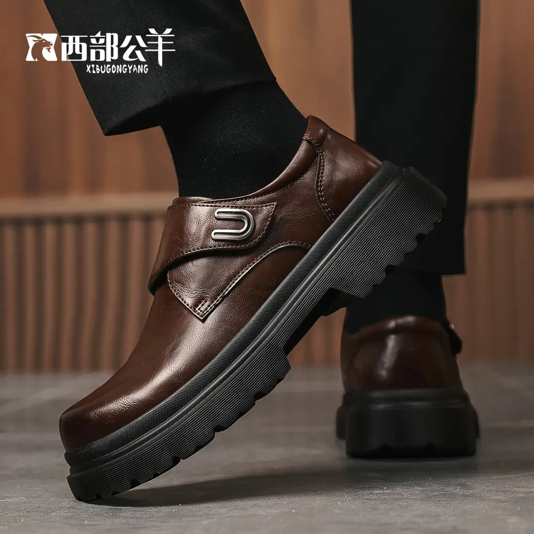西部公羊秋冬男鞋一脚蹬加绒厚底增高休闲商务低帮马丁靴男士皮鞋