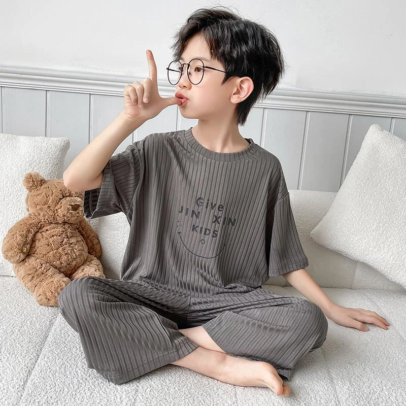 FAVMARTHA莫代尔男童睡衣春秋儿童半袖长裤家居服坑条大童小男孩
