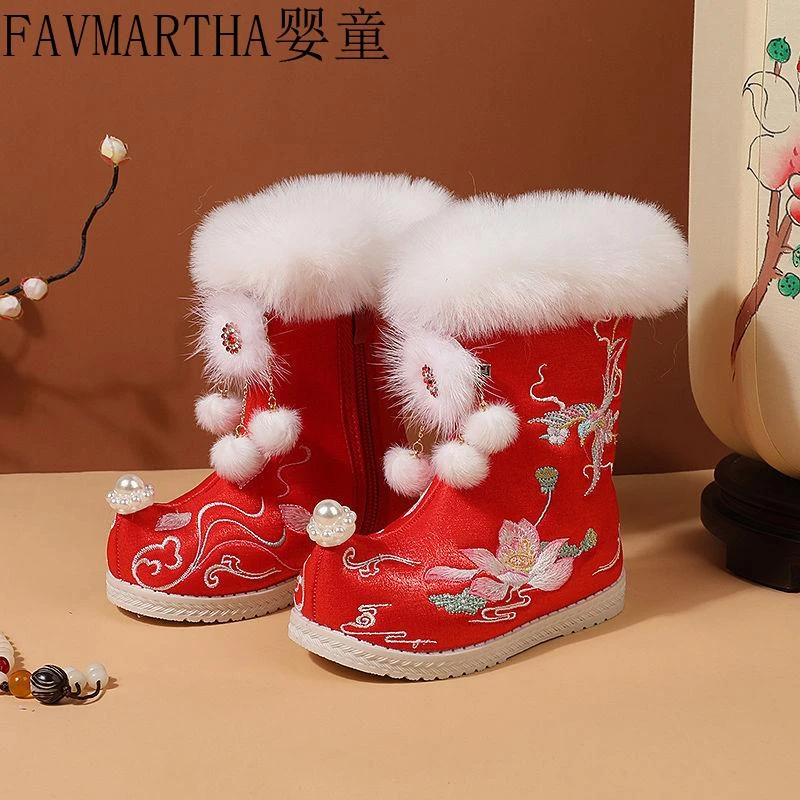 FAVMARTHA汉服靴女童老北京冬季加绒加厚棉布鞋女宝宝古装绣花中
