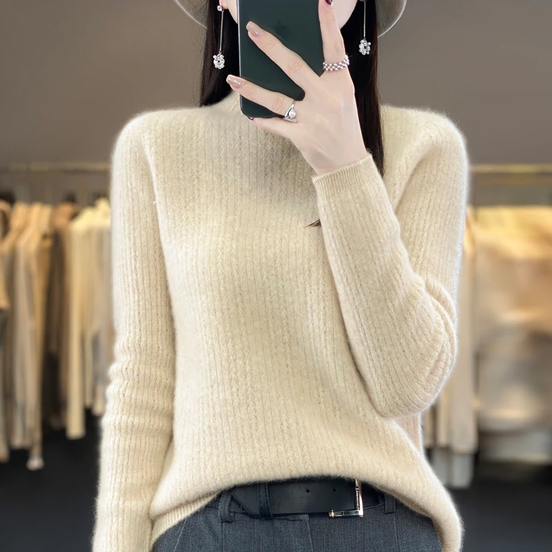 秋冬长袖羊毛衫半高领内搭毛衣女宽松套头纯色针织打底衫时尚百搭