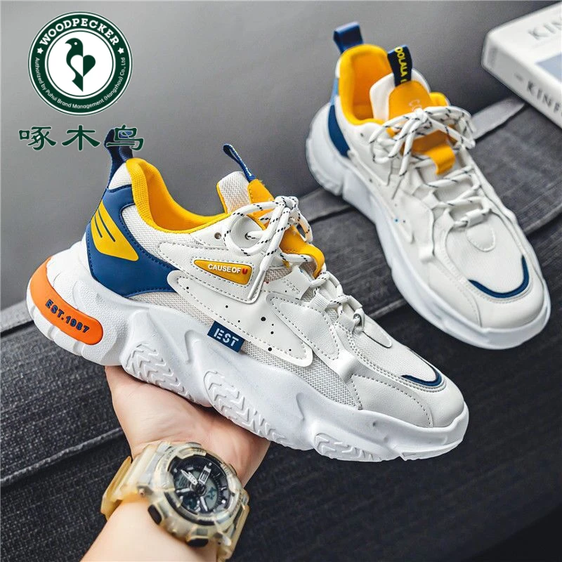 【正品】啄木鸟夏季男鞋新款透气小白鞋厚底运动鞋休闲老爹鞋网面鞋