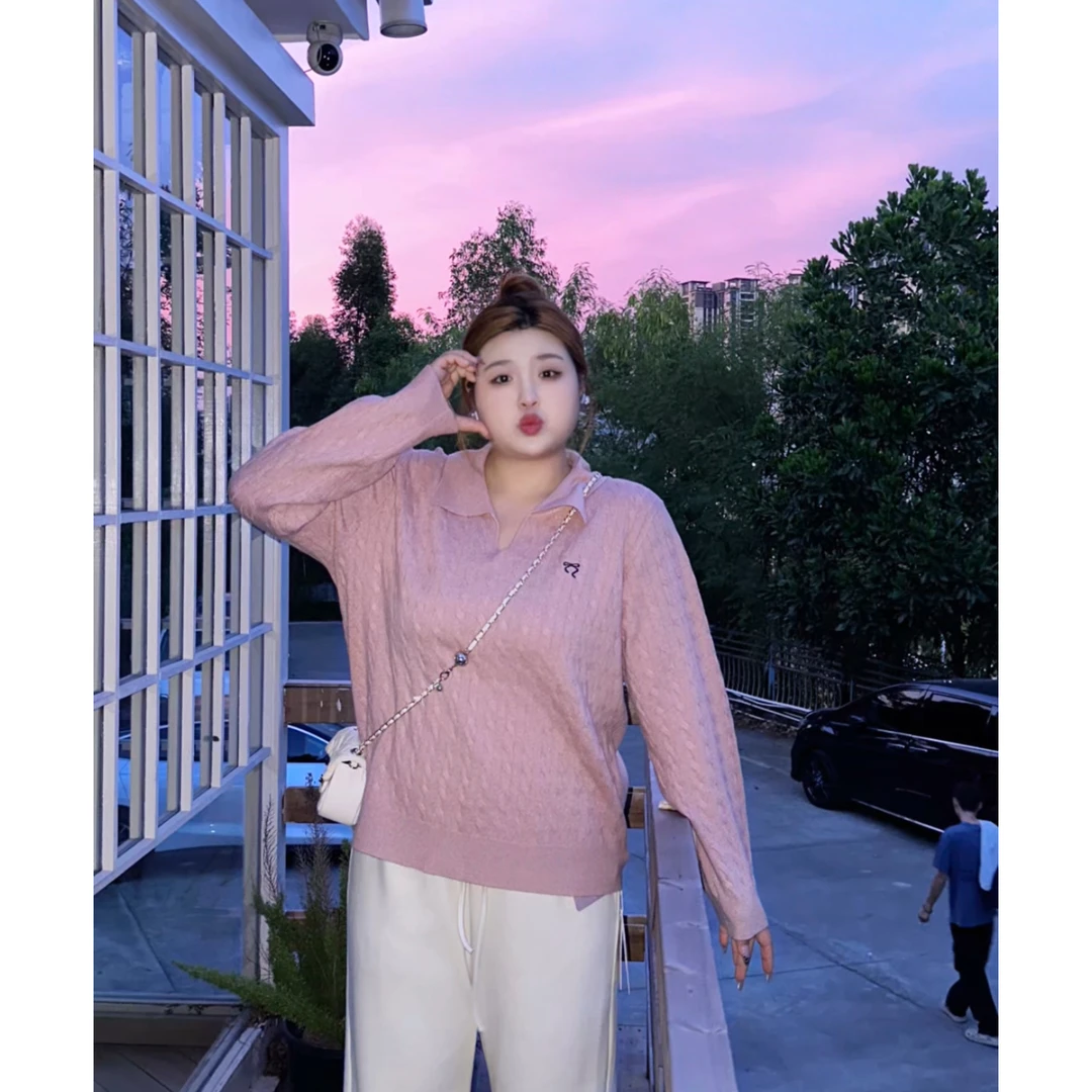 大码胖妹妹法式气质麻花纹理polo领长袖针织衫女百搭上衣 Y6149