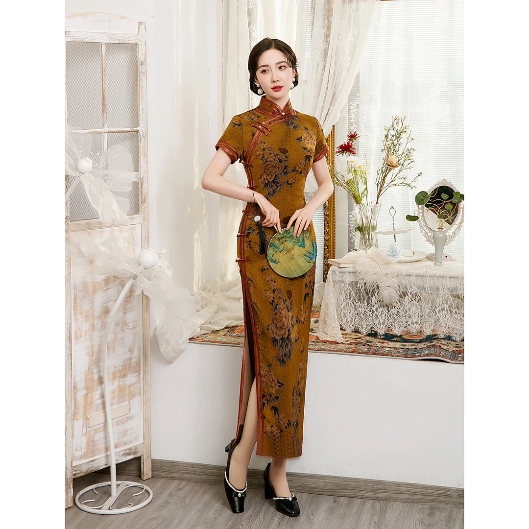 【8097】(衣长125cm) 花萝长款气质重工旗袍