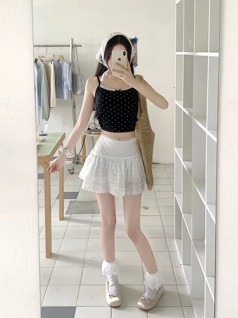 百搭无袖背心吊带波点蕾丝拼接别致上衣