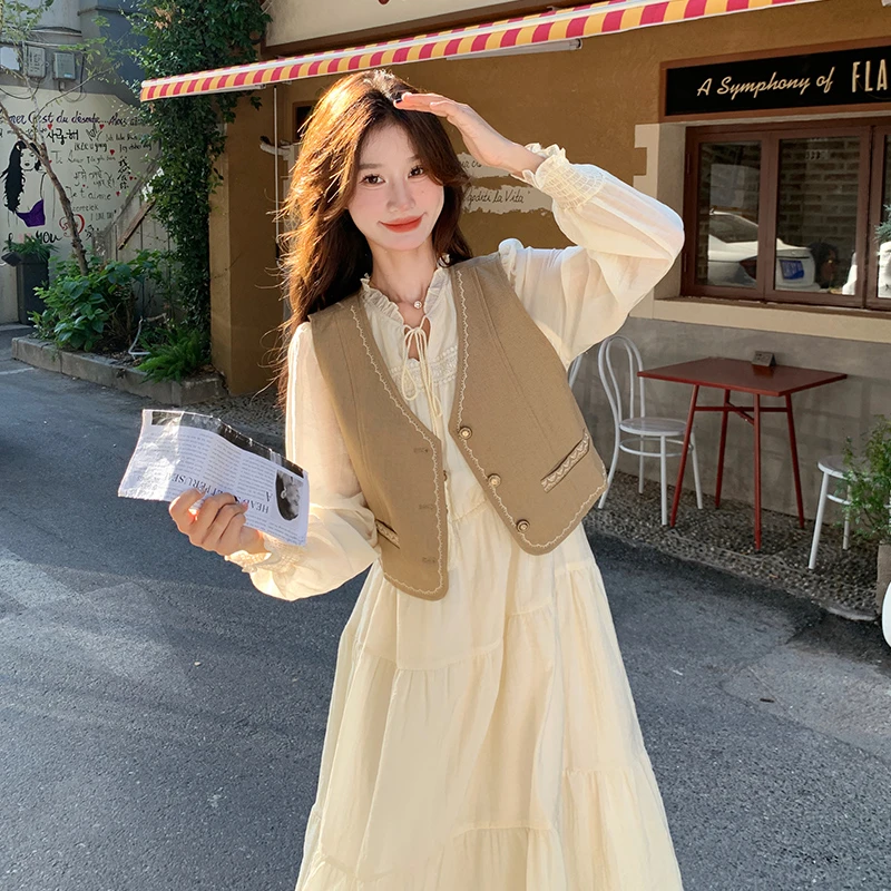 法式复古马甲女装连衣裙套装秋季新款气质温柔风木耳边V领仙女裙