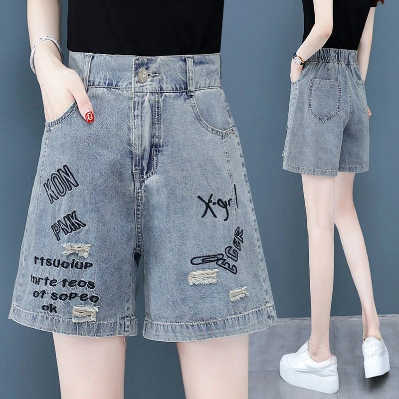 高腰破洞牛仔短裤女薄款2021夏季新款宽松阔腿裤直筒休闲五分中裤