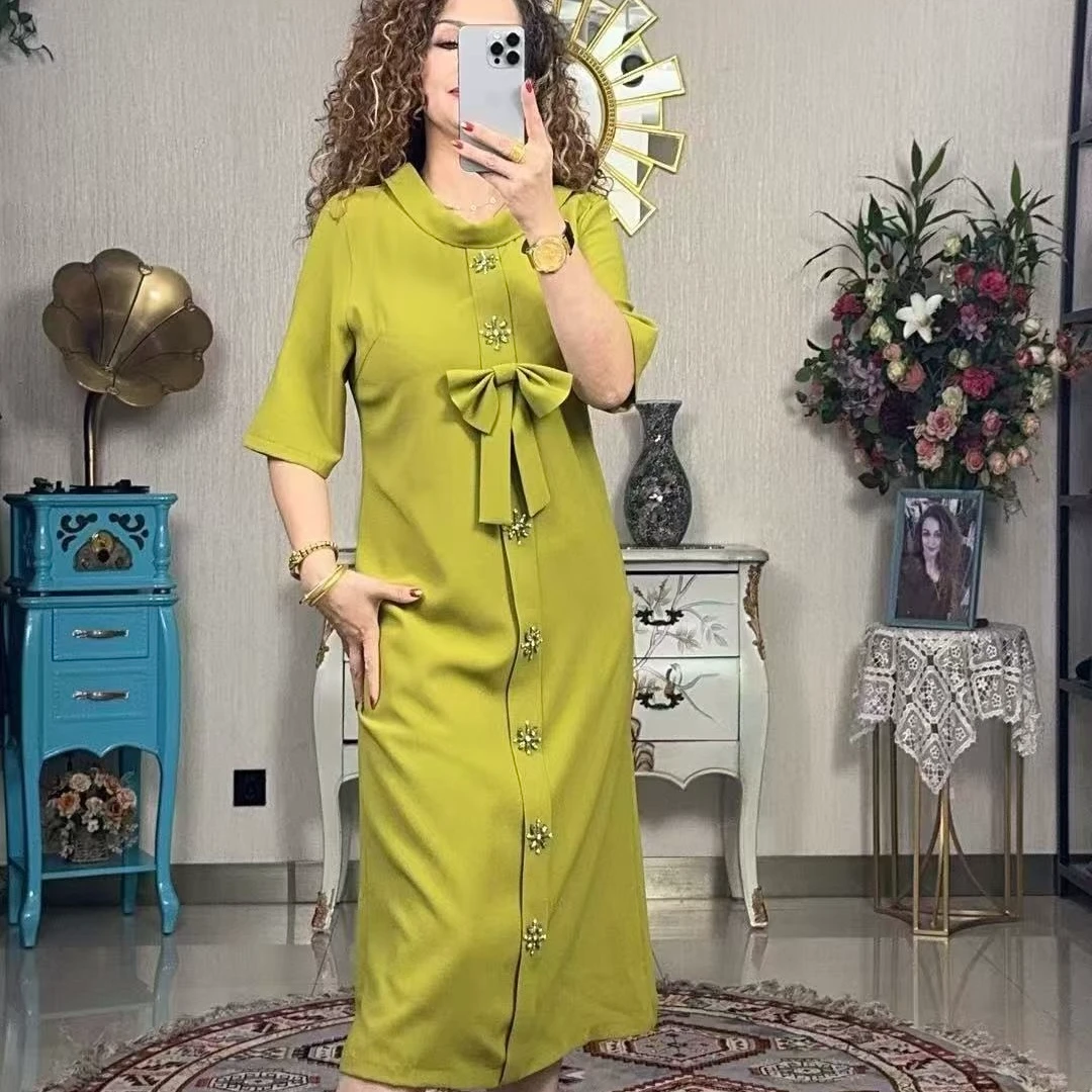 连衣裙显瘦气质绿色中长款时尚百搭设计感修身复古系带，，，，，，，，，，