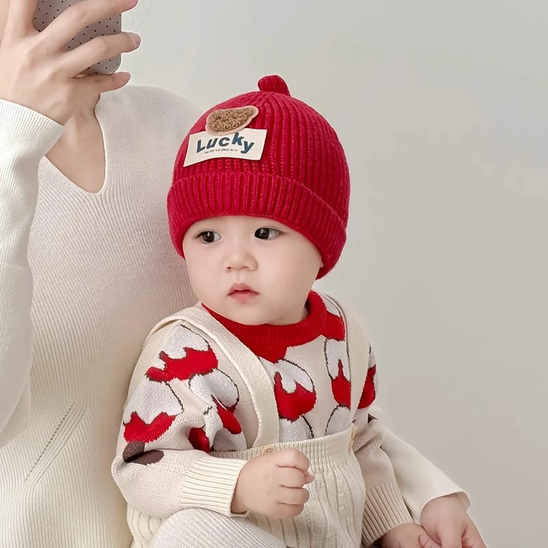 婴儿帽子冬季保暖加厚针织奶嘴帽红色喜庆新年男女宝宝周岁毛线帽