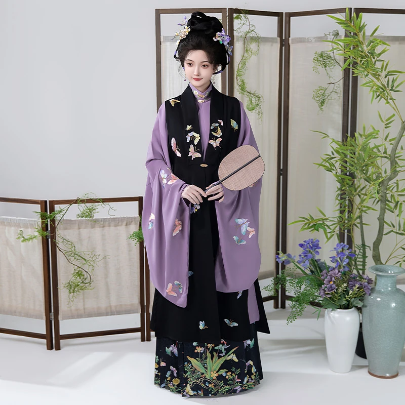 柒邑原创明制汉服女比甲对襟立领长衫中国风马面裙古风套装春秋款