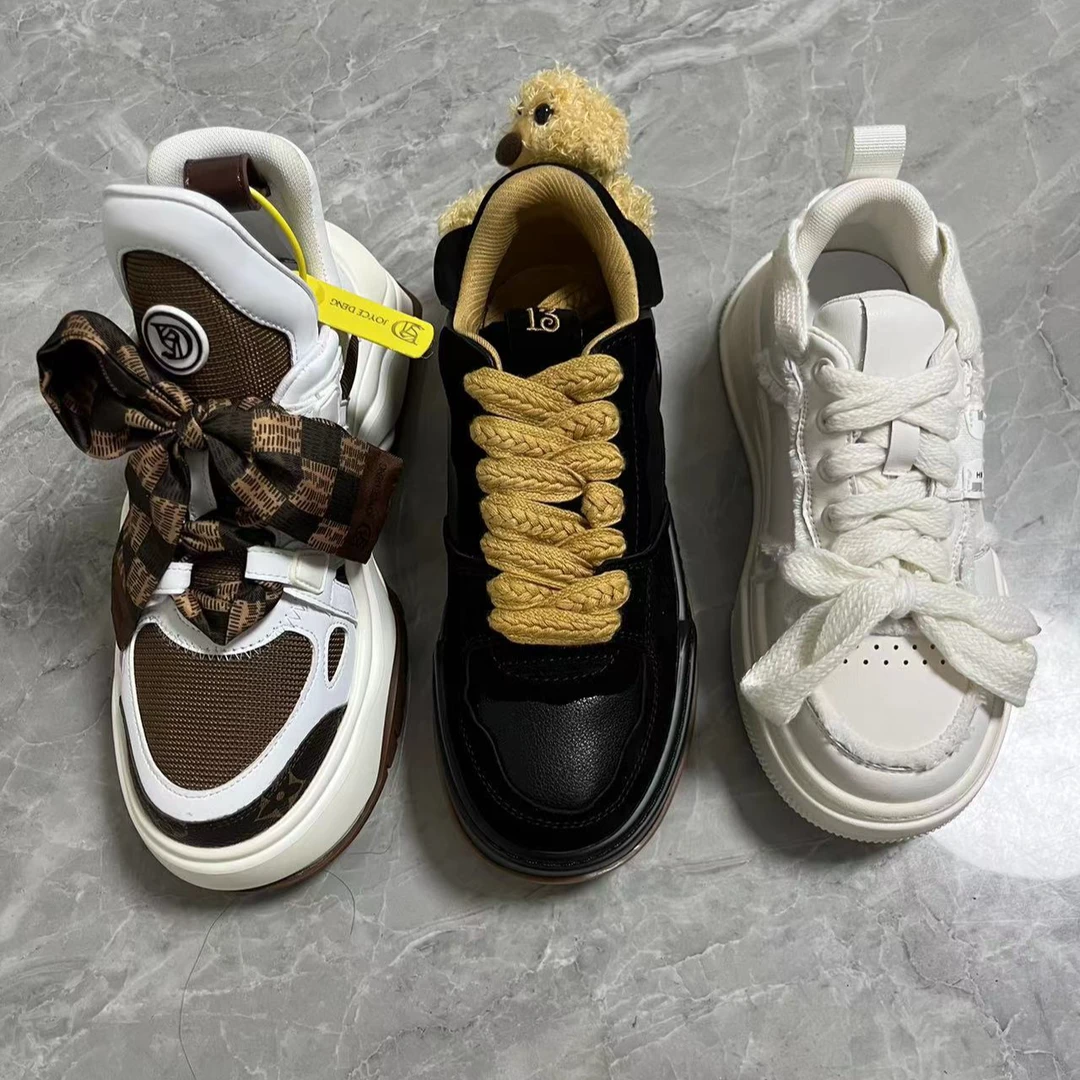 2024年春秋时尚夏季厚底真皮女鞋韩版系带运动百搭圆头春季平底鞋