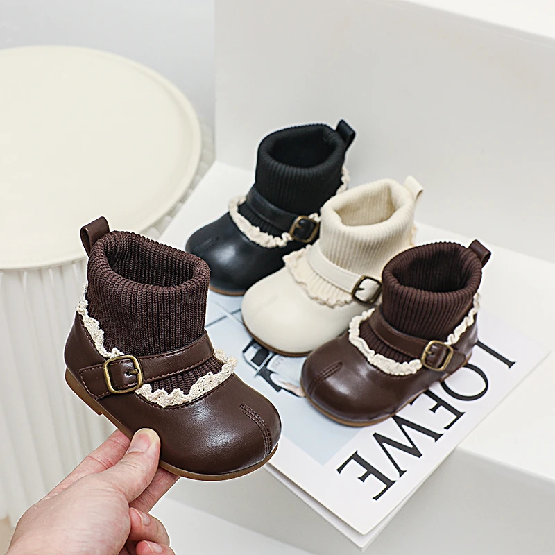 2388M秋冬女童皮鞋小香风假分趾棉靴加绒软底公主风玛丽珍袜子鞋