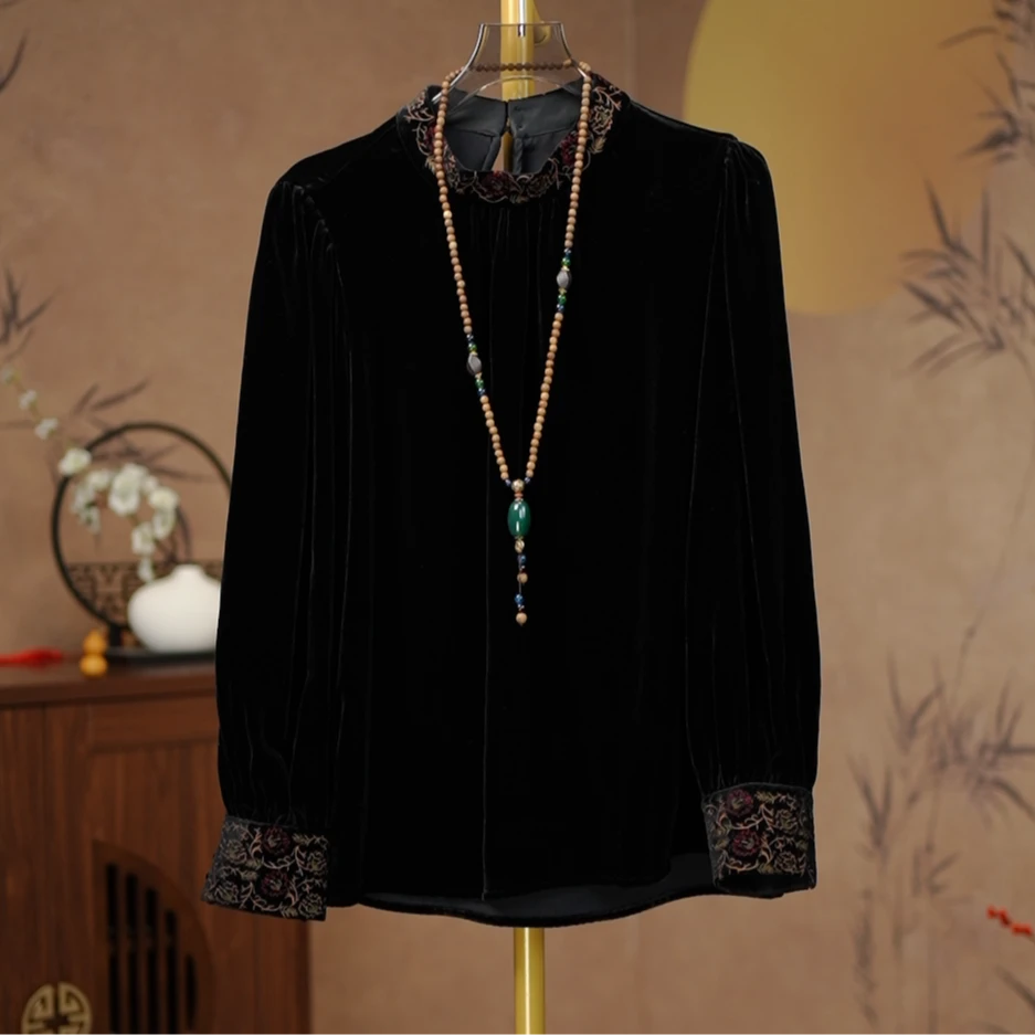 黑色高端丝绒扎染绣花上衣女春秋长袖打底衫立领刺绣妈妈装衬衣