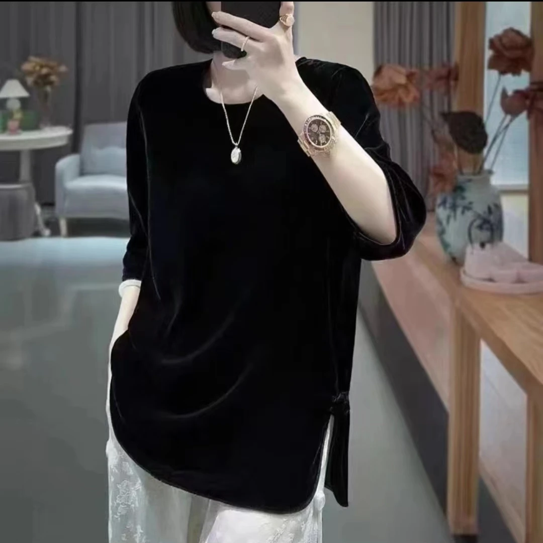 2024春夏新款开叉圆领气质百搭丝绒上衣减龄大码休闲宽松妈妈装