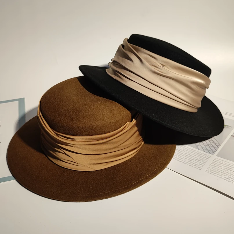 法式复古优雅赫本风黑色羊毛呢平顶礼帽女英伦百搭名媛平沿爵士帽