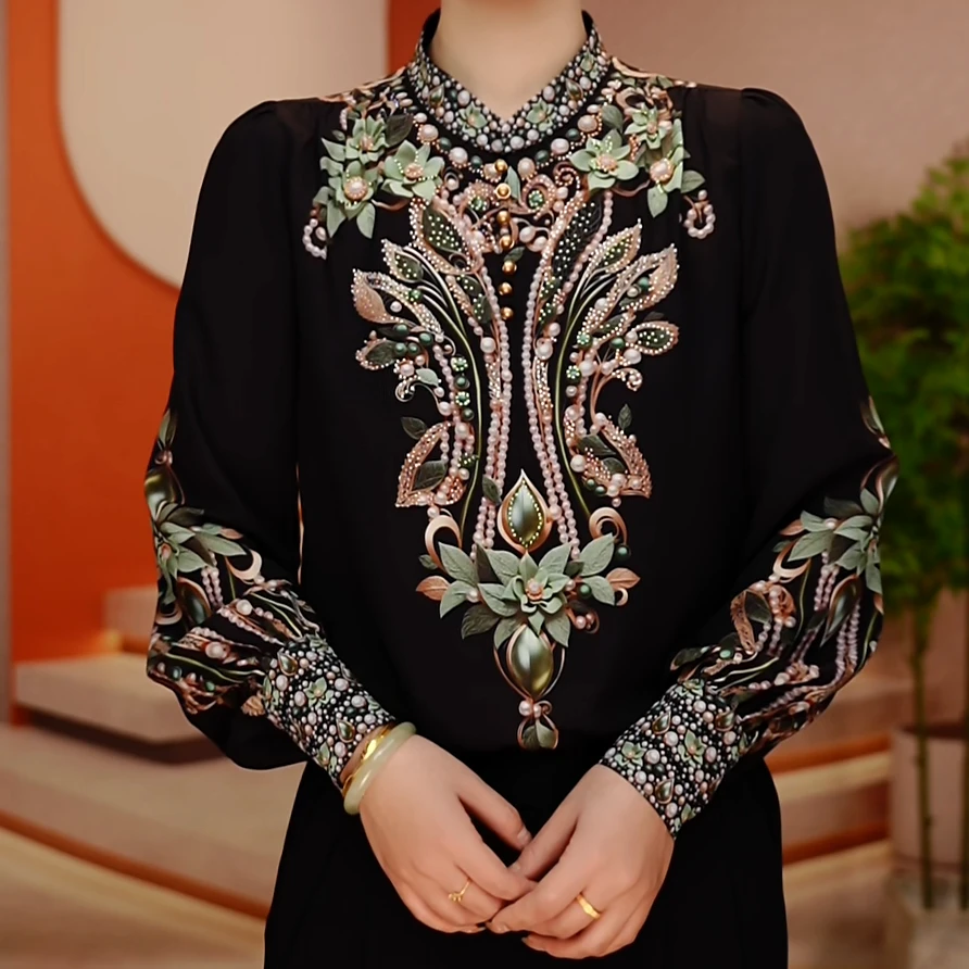 F246255-深圳南油原创新款上新百搭显示气质长袖洋气时尚印花立领