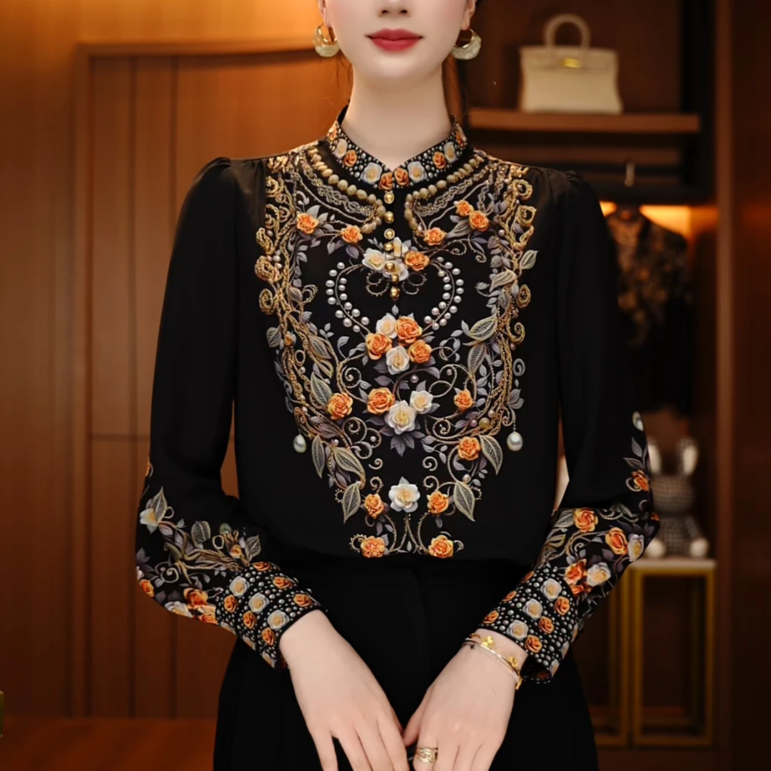 风穗-2025早春新款原创新款百搭显示气质长袖洋气时尚印花立领