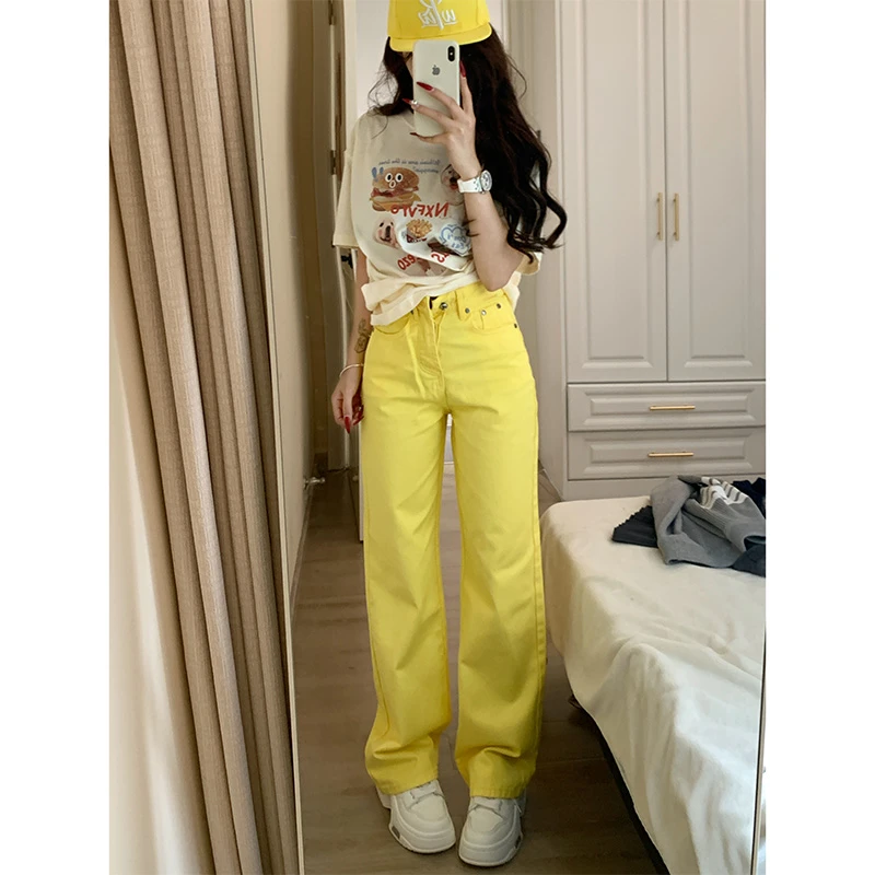 柠檬黄阔腿牛仔裤女2025冬季新款小众设计感高腰显瘦垂感拖地裤