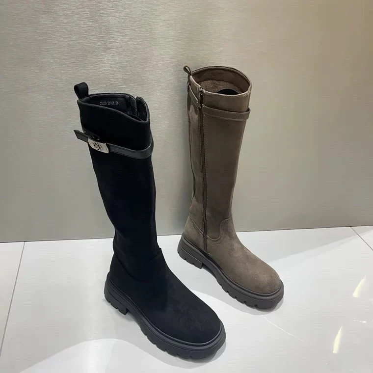 Q1816-3法式圆头高筒靴秋冬秋季皮带扣靴子新款洋气靴子长筒长靴