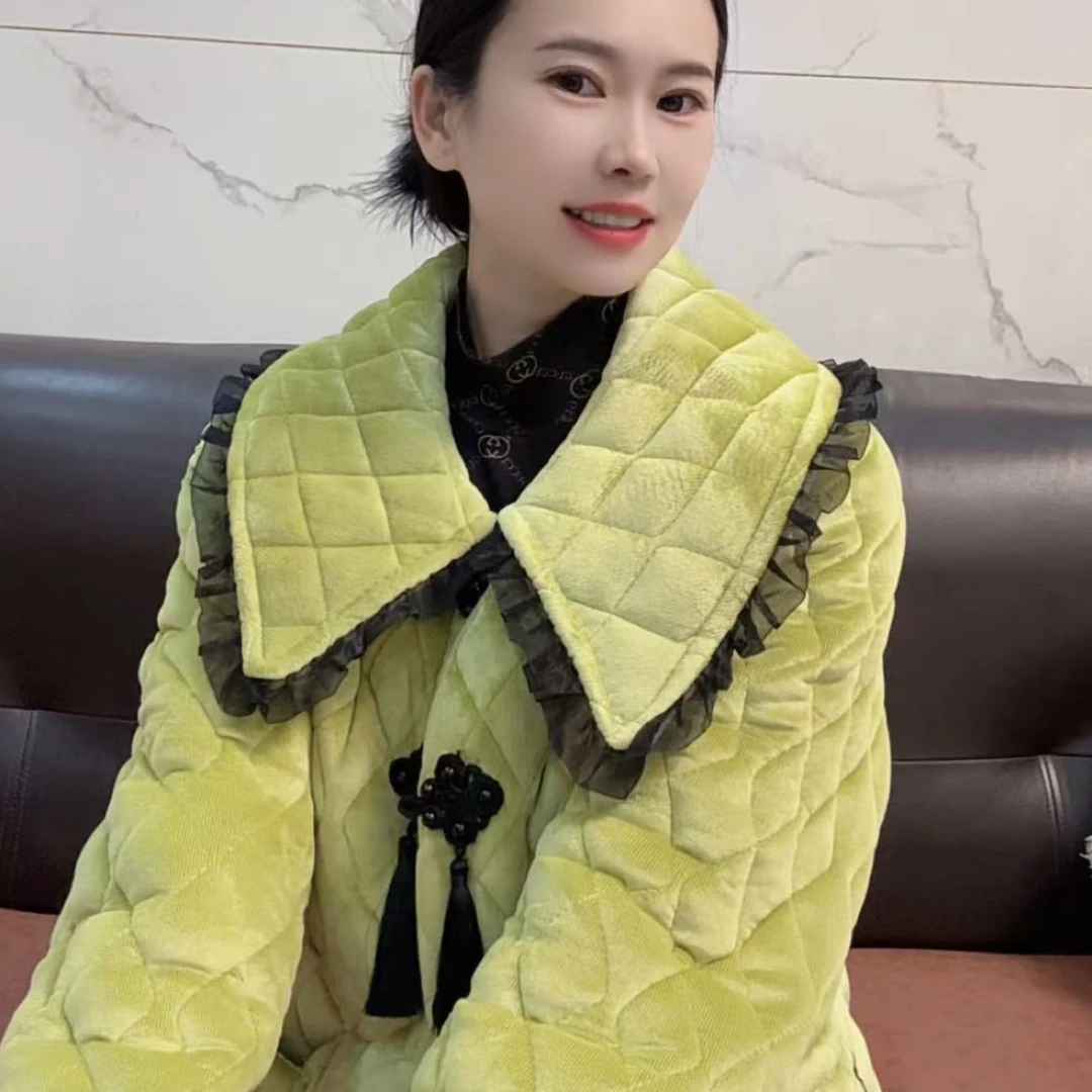 935新款原创果绿色三层加厚保暖套装
