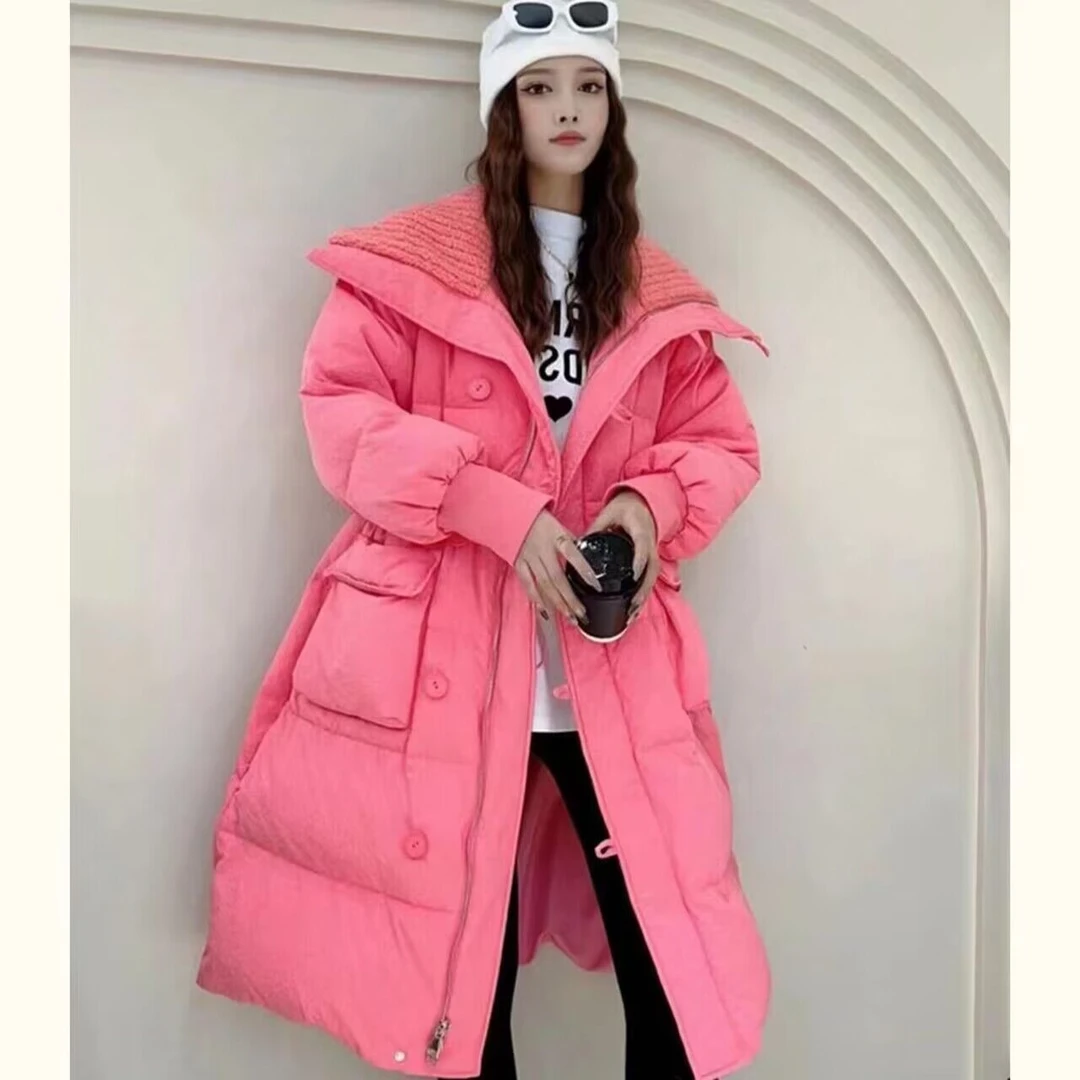 现货【玫粉佳人】中长款加厚收腰棉服外套