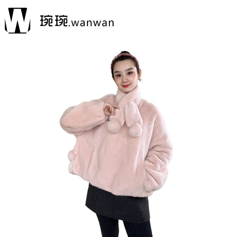 三髦【琬琬.wanwan】“樱花粉圆领围巾款”设计师进口水貂皮草外套