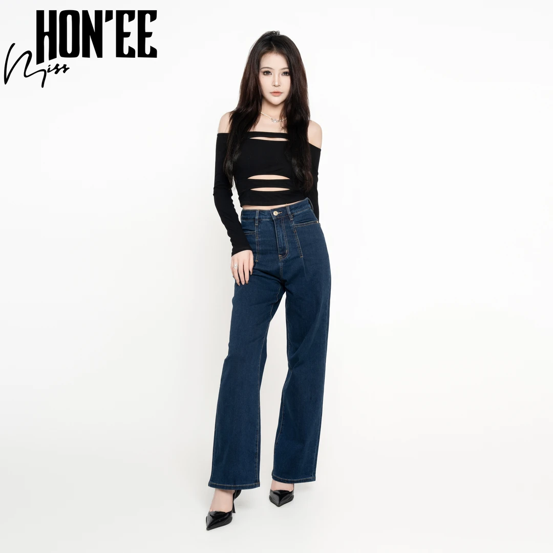 MISSHONEE13夏季宽松水洗直筒阔腿蓝色休闲夏季女装复古牛仔裤