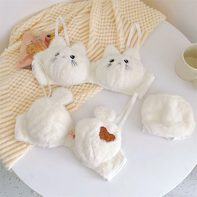 秋冬新款日系少女毛内衣女学生绣花卡通小熊猫咪文胸罩套装女生