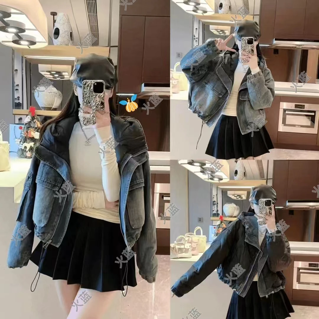 【火蓝家】牛仔拼接连帽羽绒服洋气两穿冬季新款白鸭绒外套面包服潮